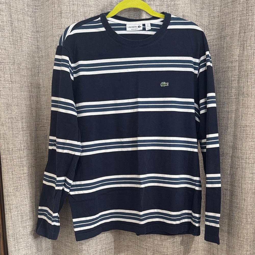 Lacoste Men's Long Sleeve Navy and White Striped Tee